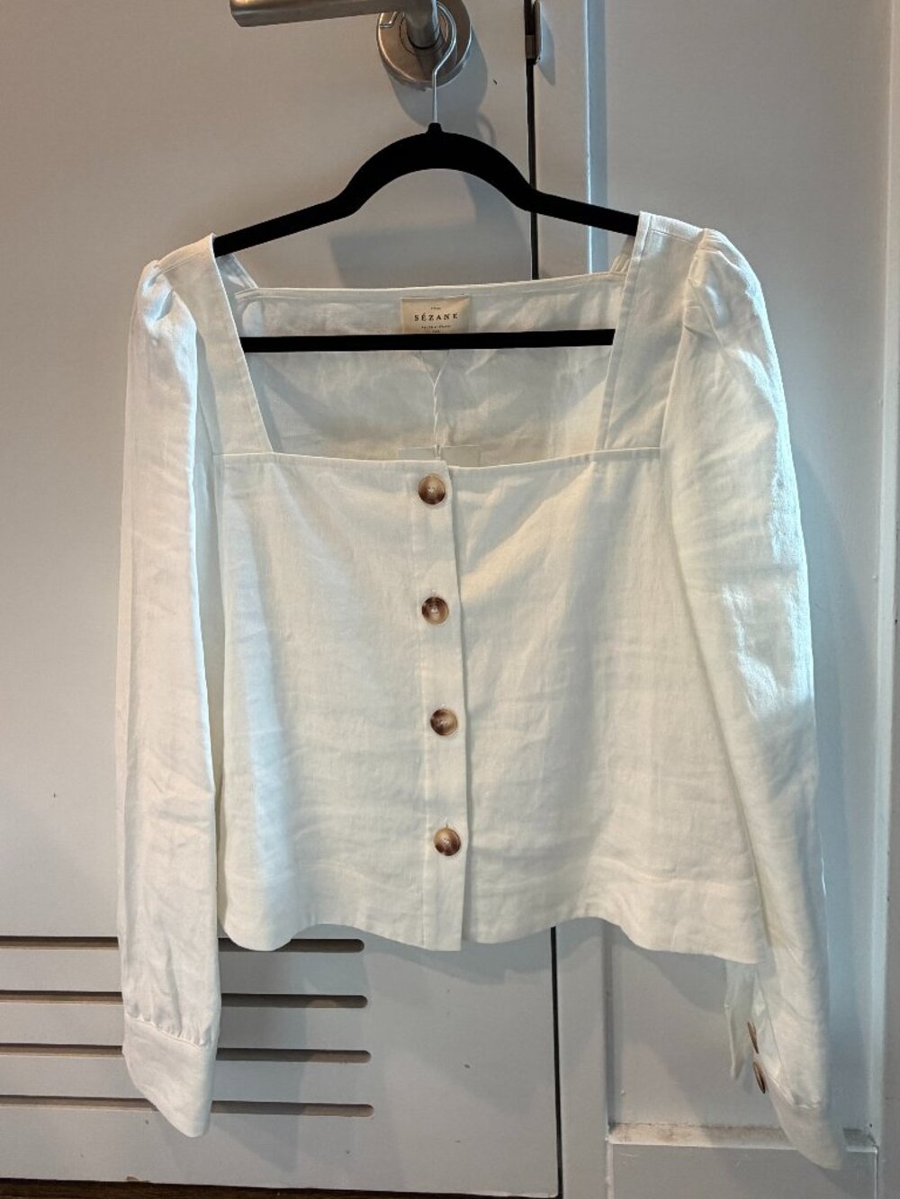 Sezane White Square-Neck Linen Button-Front Blouse